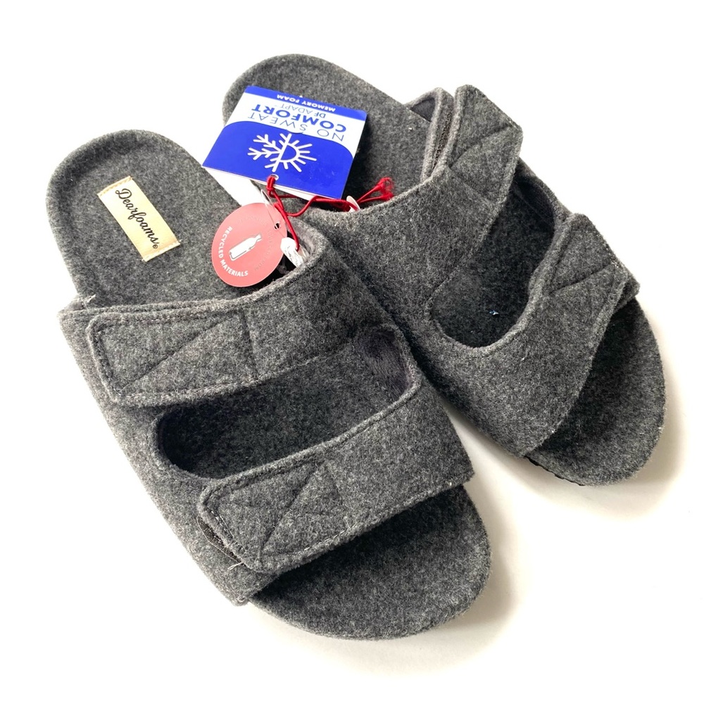 DEARFOAMS NWT $52 Mens Small 7-8 Gray Maddox Wool Blend Double Strap Slides S1